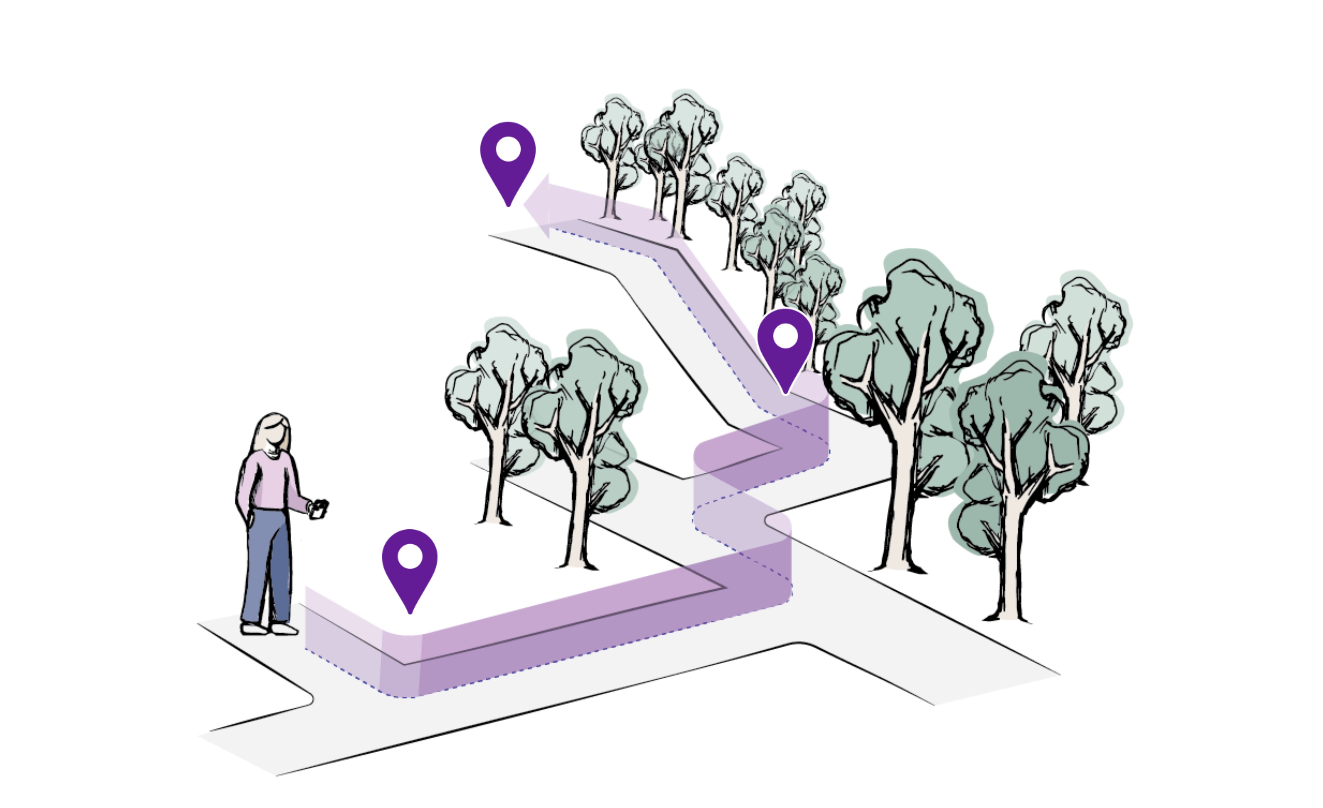 Illustration of a person with a phone, and a virtual route through a park.