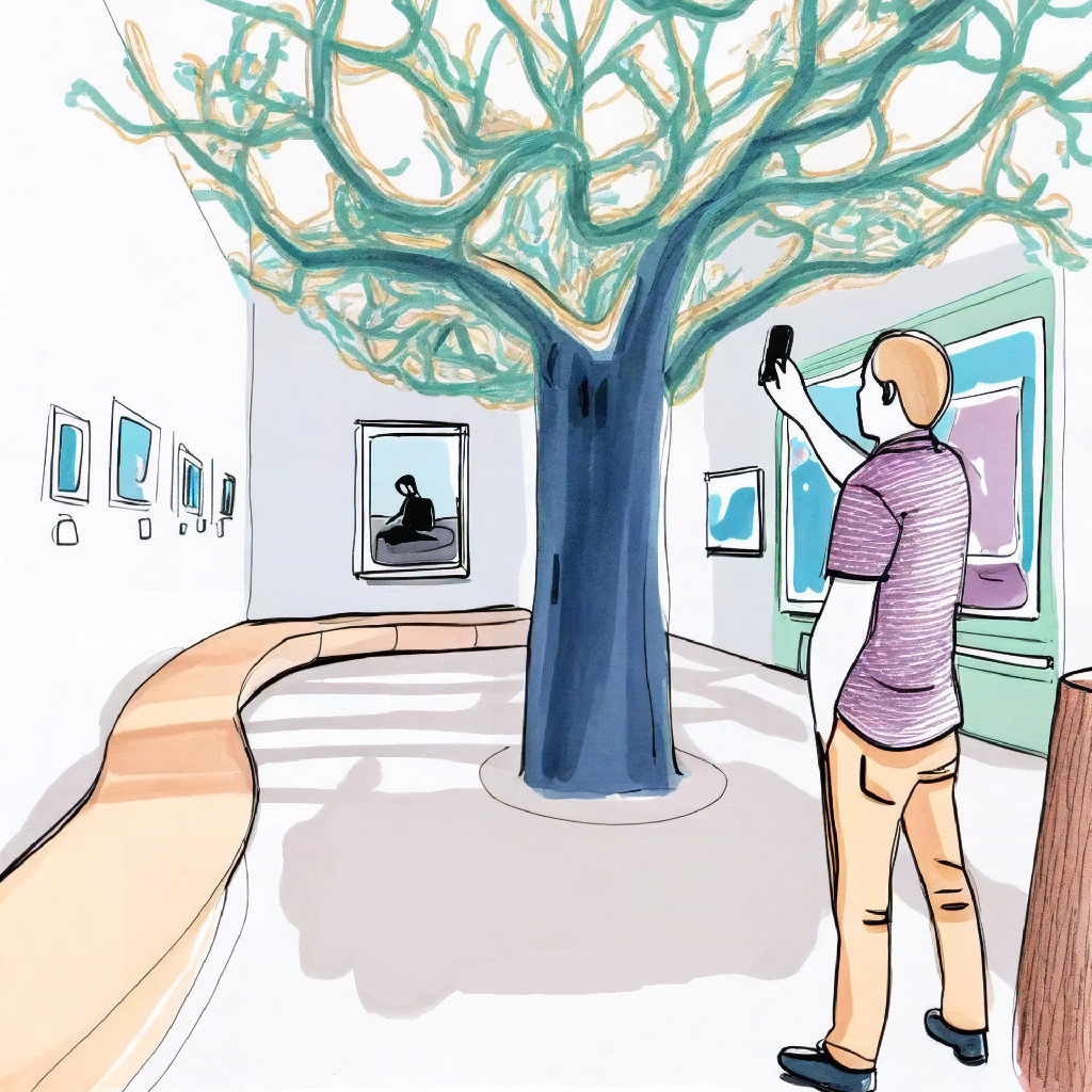 illustration of a person holding up a phone in a museum setting.