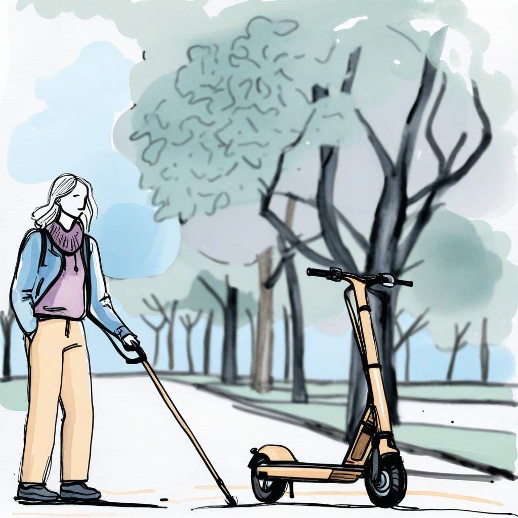 illustration of a person with mobility cane and a electric step that is blocking the pavement